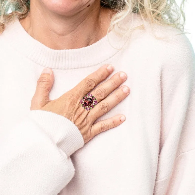 Cabernet Tourmaline, Ruby, Pink and Green Tourmaline Cocktail Ring in 14k Gold