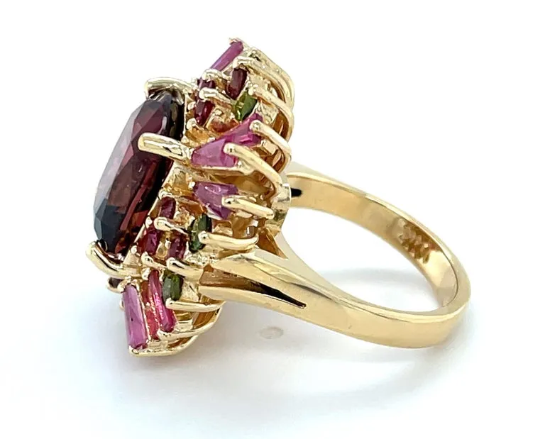 Cabernet Tourmaline, Ruby, Pink and Green Tourmaline Cocktail Ring in 14k Gold