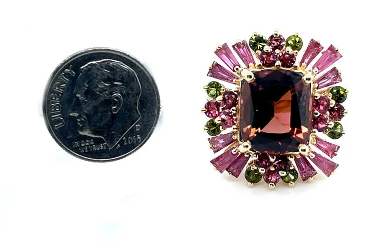 Cabernet Tourmaline, Ruby, Pink and Green Tourmaline Cocktail Ring in 14k Gold