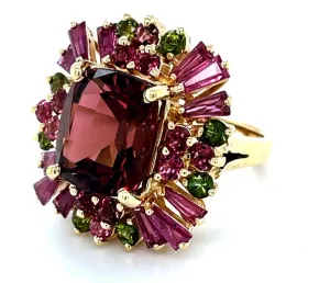 Cabernet Tourmaline, Ruby, Pink and Green Tourmaline Cocktail Ring in 14k Gold