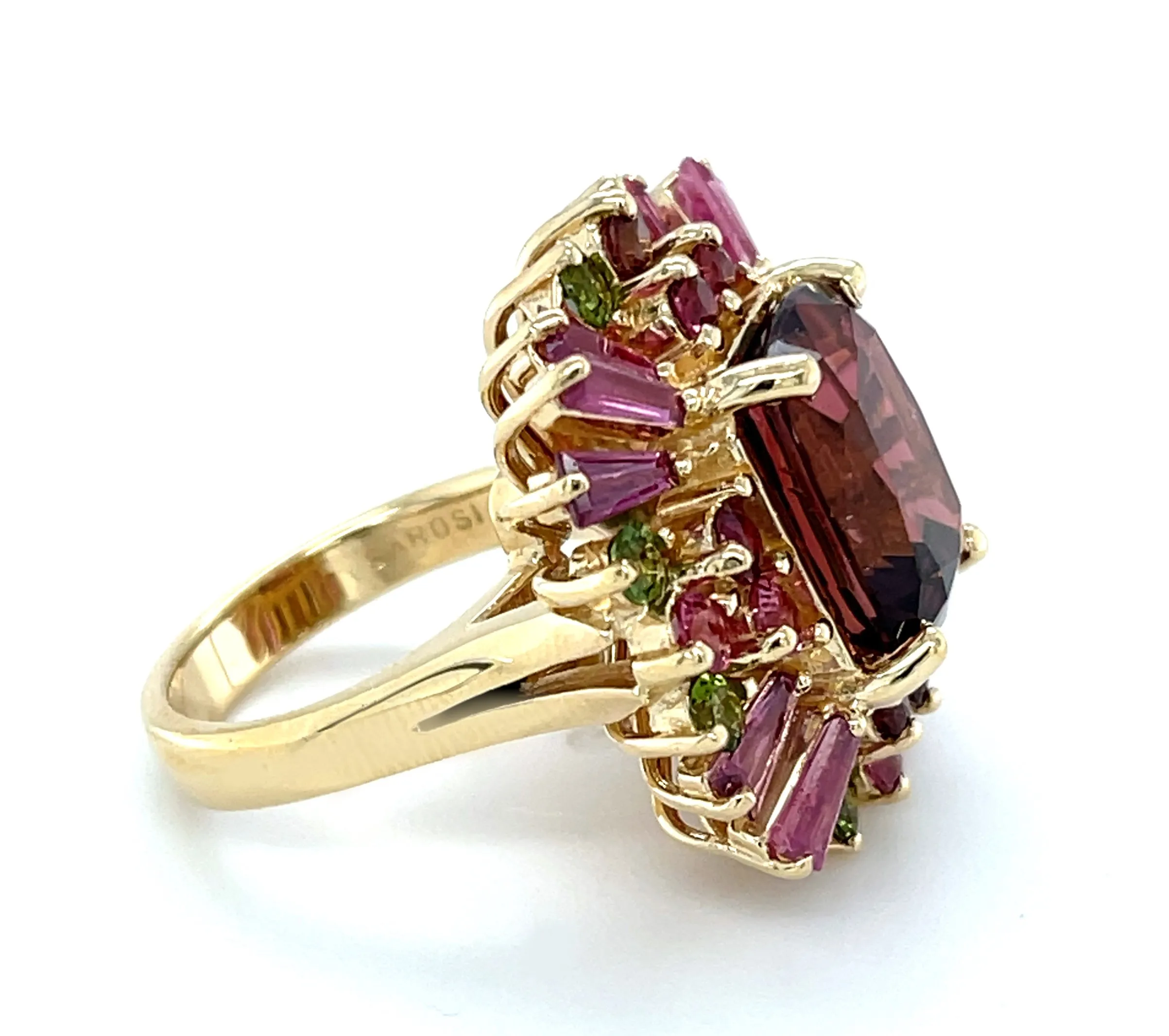 Cabernet Tourmaline, Ruby, Pink and Green Tourmaline Cocktail Ring in 14k Gold