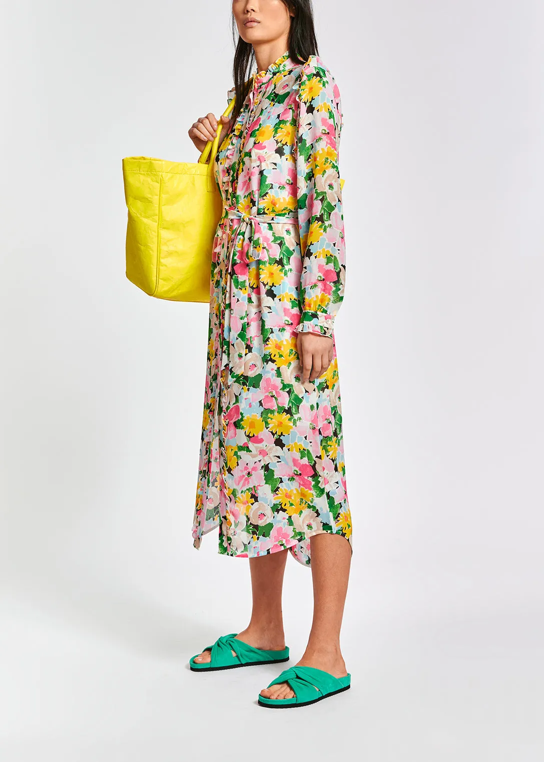 Colorful floral ruffle-detailed shirt dress
