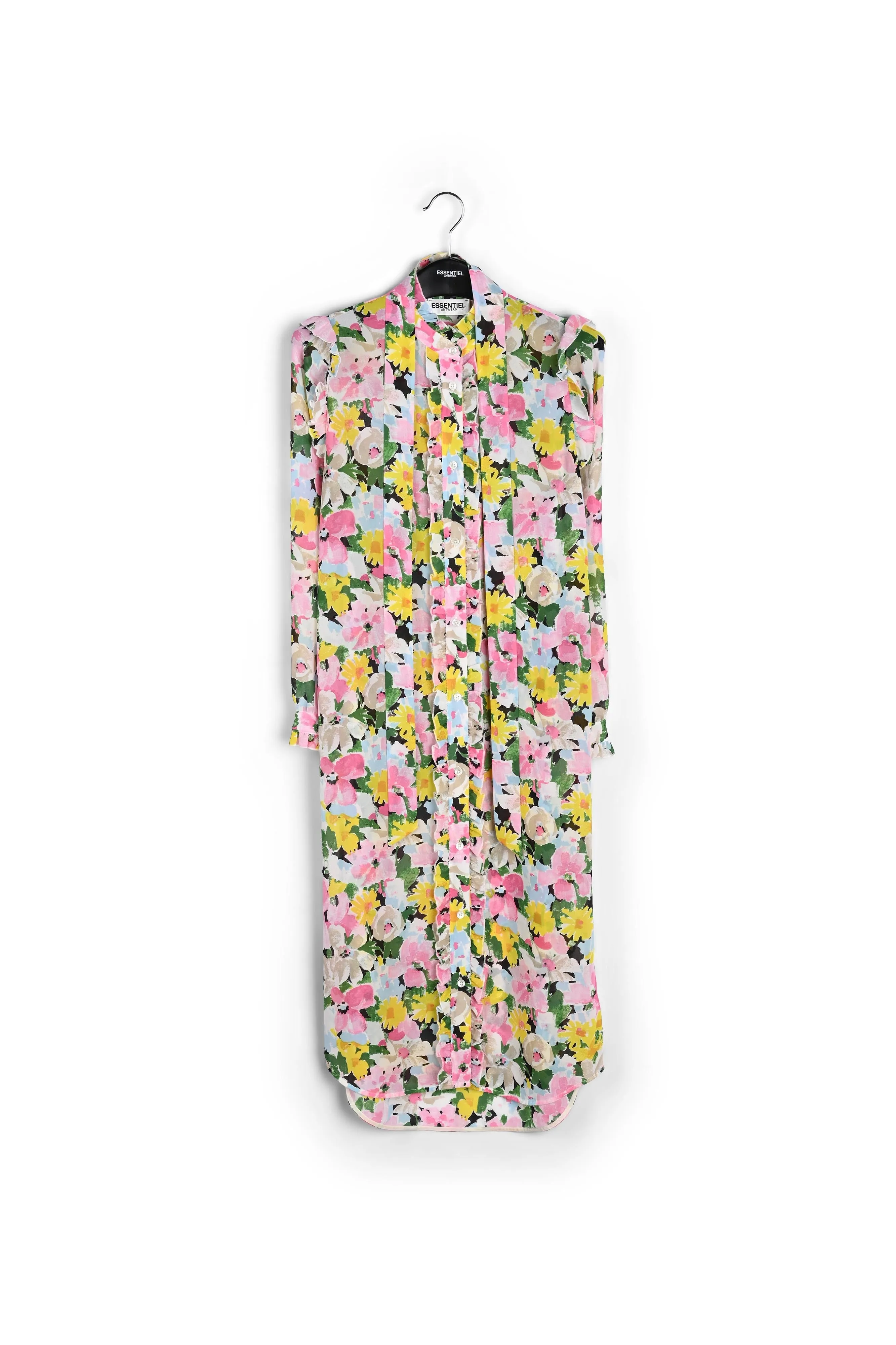 Colorful floral ruffle-detailed shirt dress
