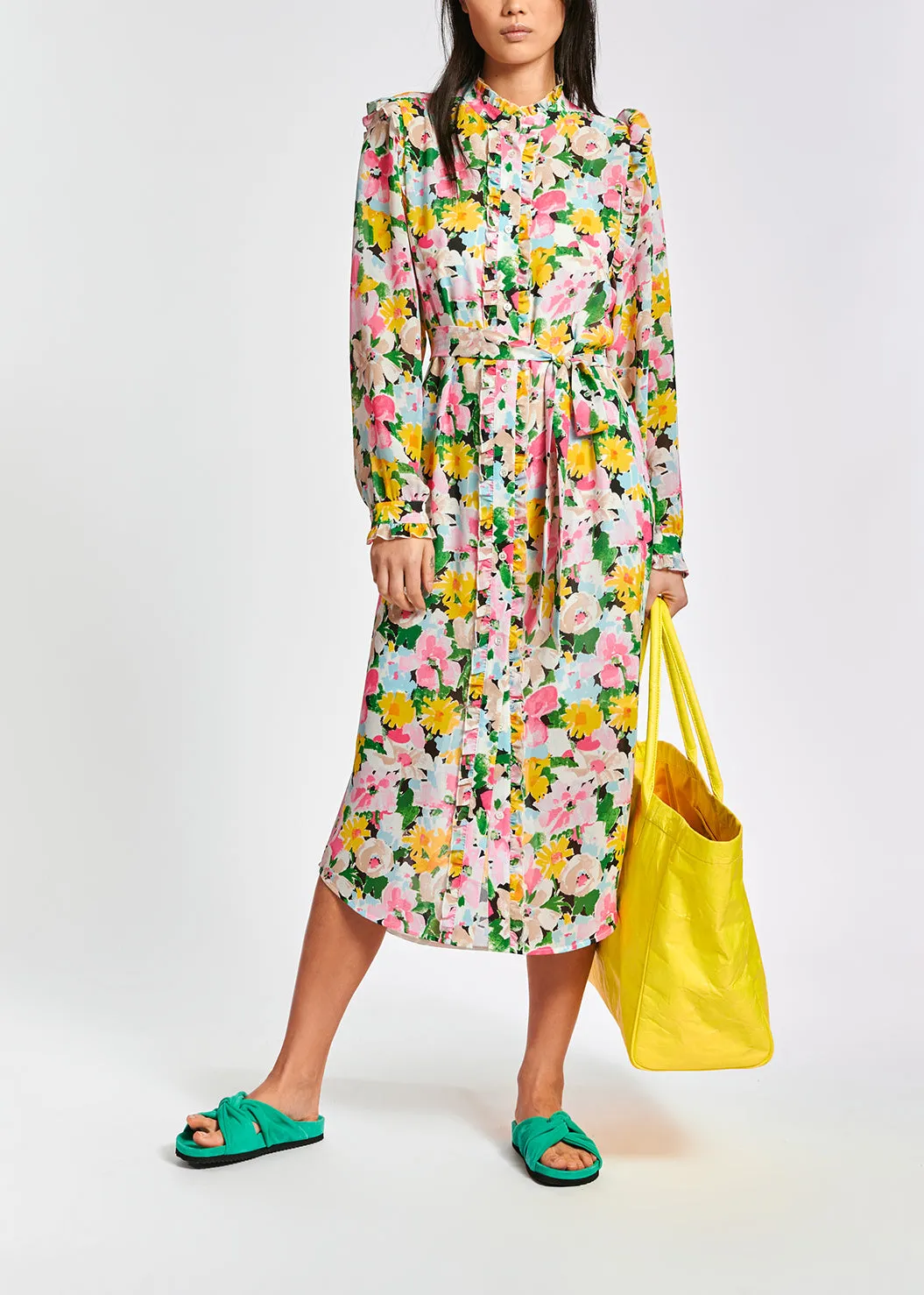Colorful floral ruffle-detailed shirt dress
