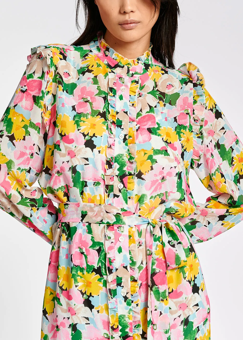 Colorful floral ruffle-detailed shirt dress