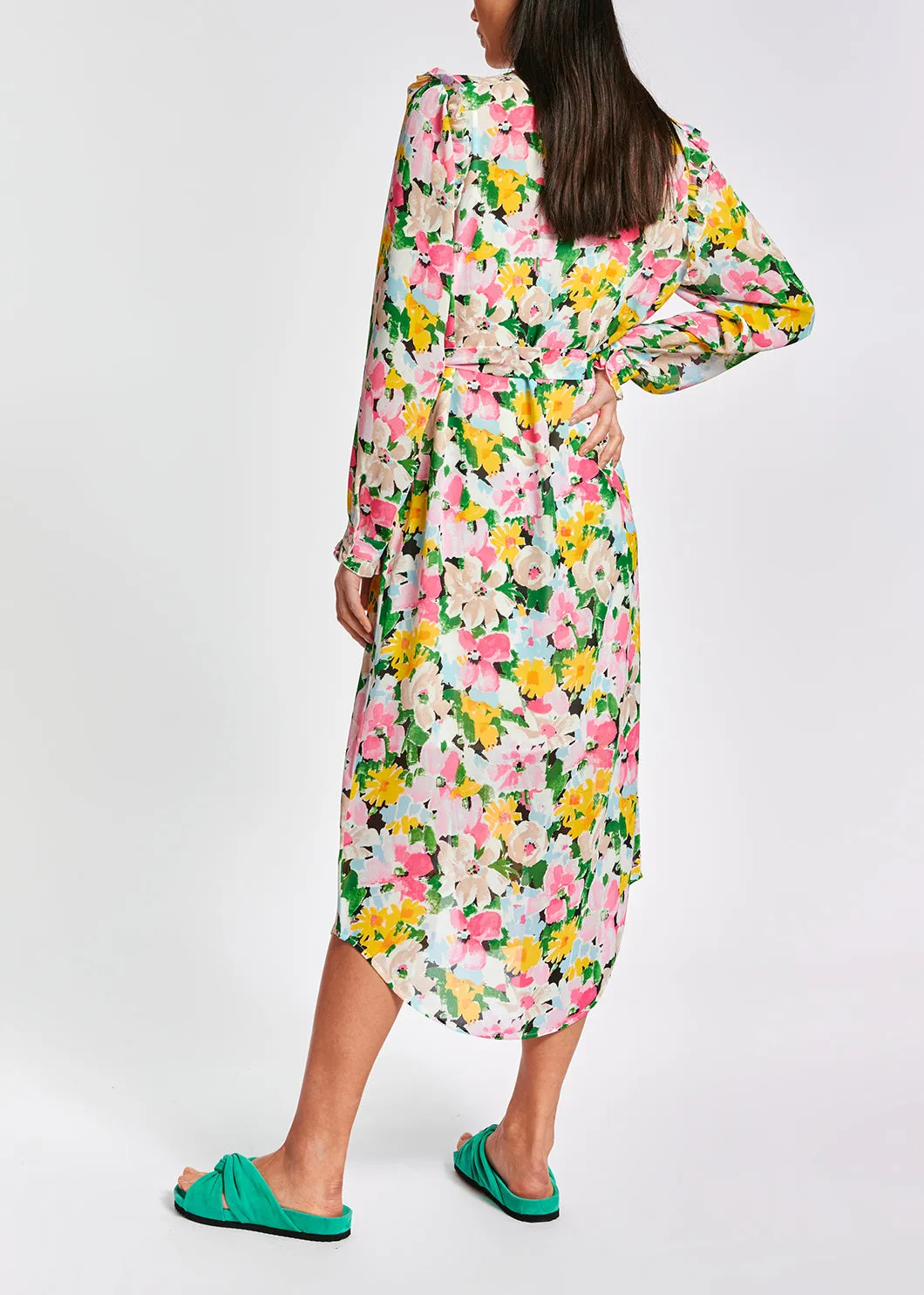 Colorful floral ruffle-detailed shirt dress