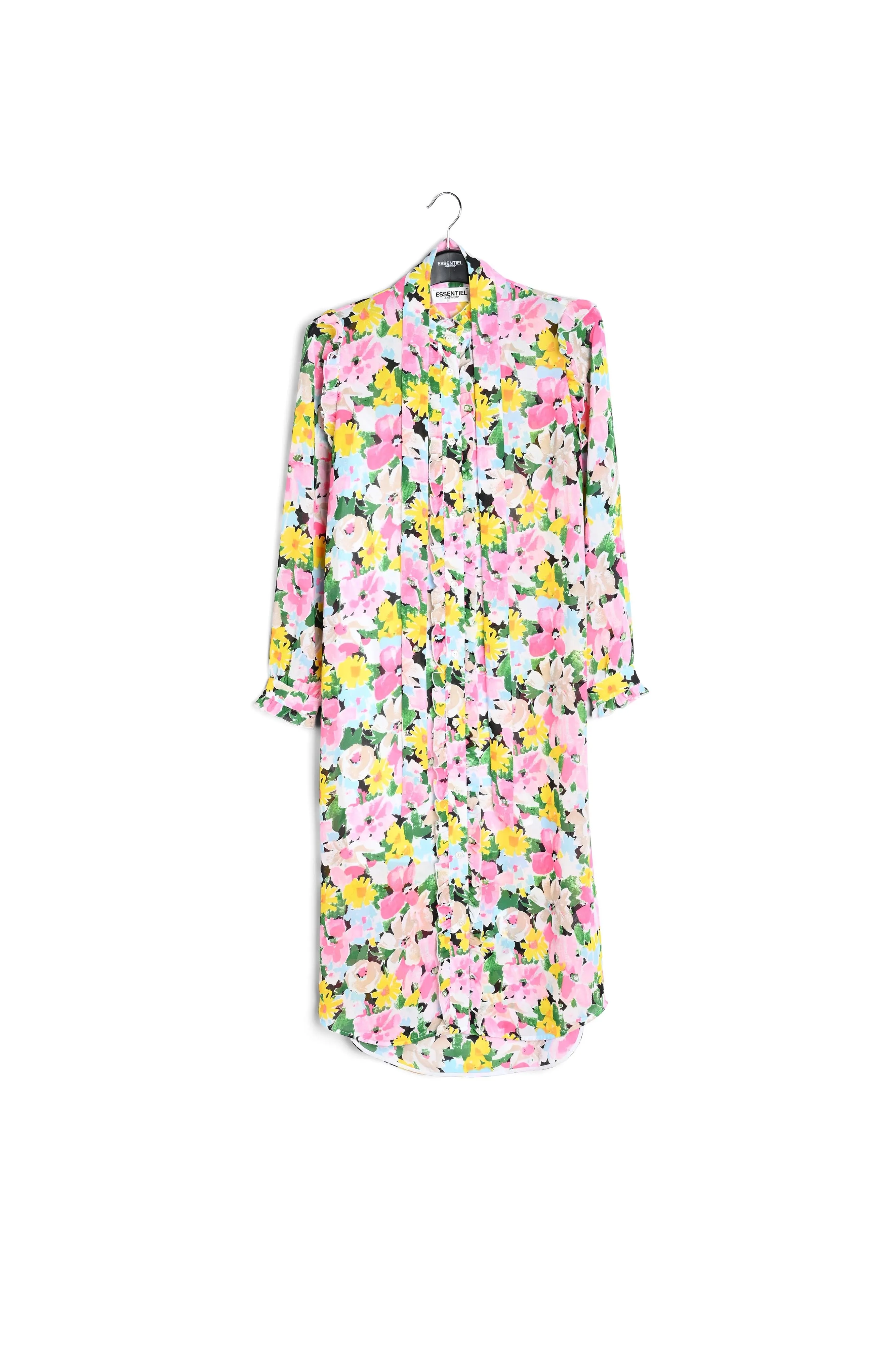 Colorful floral ruffle-detailed shirt dress