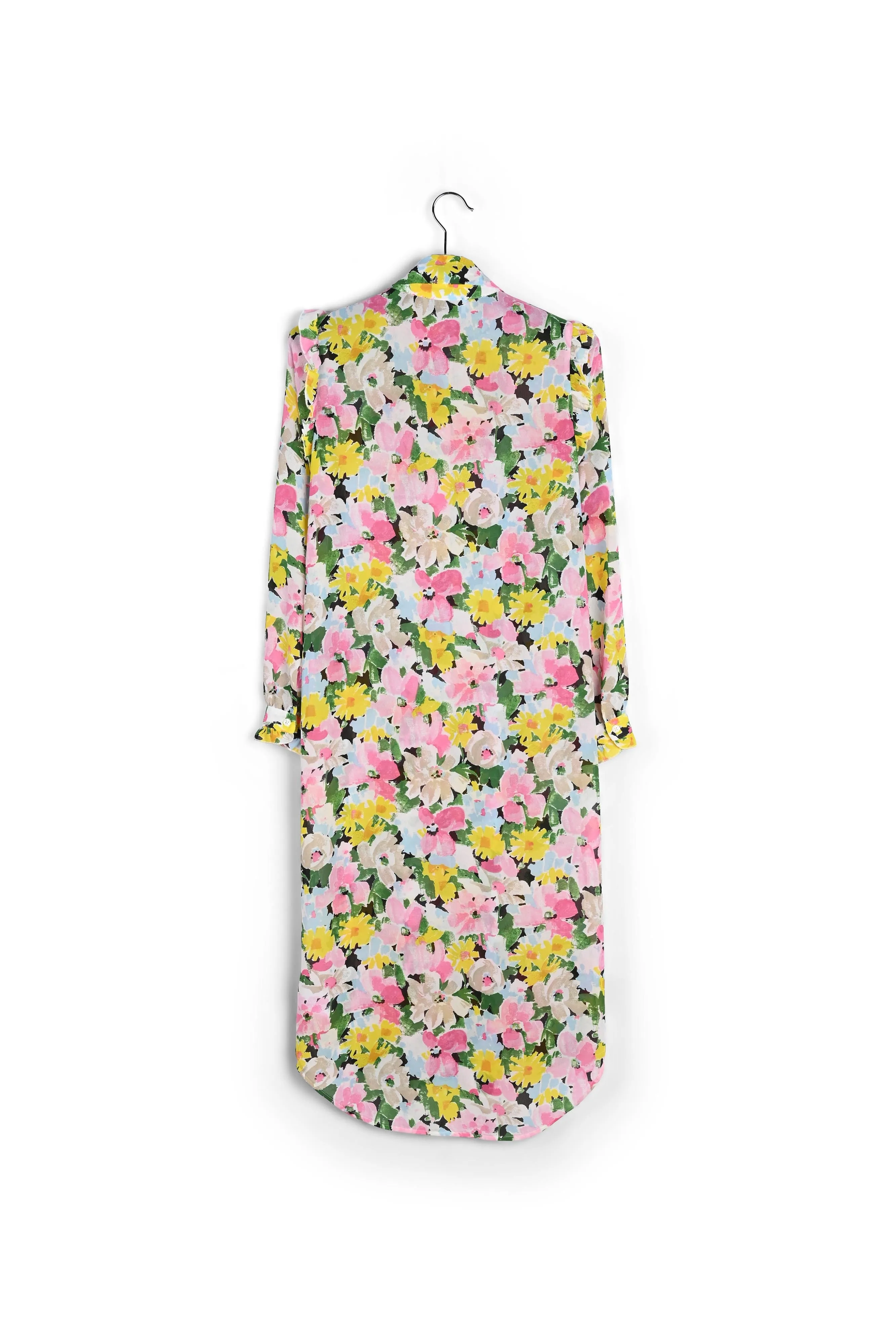 Colorful floral ruffle-detailed shirt dress
