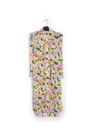 Colorful floral ruffle-detailed shirt dress