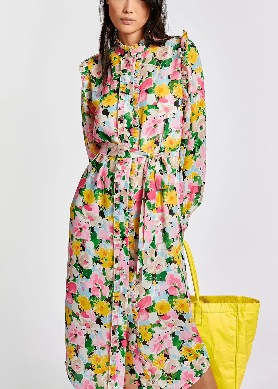 Colorful floral ruffle-detailed shirt dress