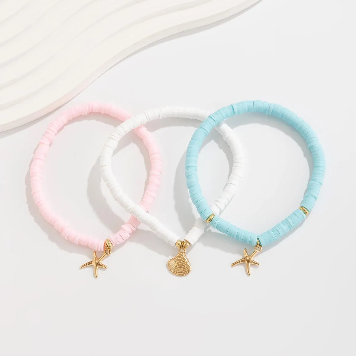 Colorful Layered Shell Starfish Charm Polymer Clay Anklet Set