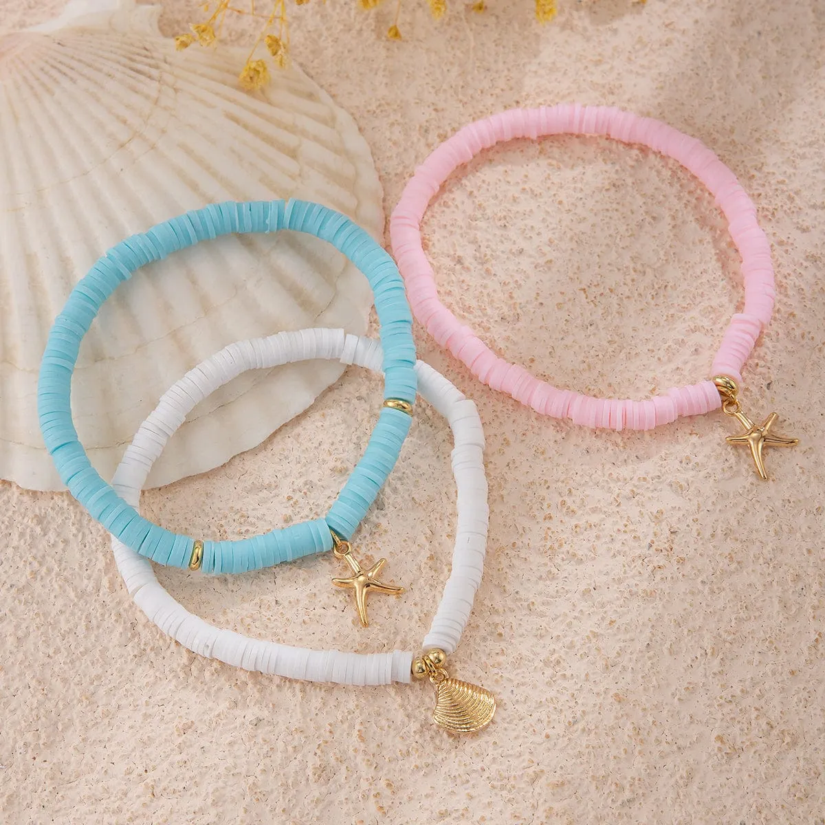 Colorful Layered Shell Starfish Charm Polymer Clay Anklet Set
