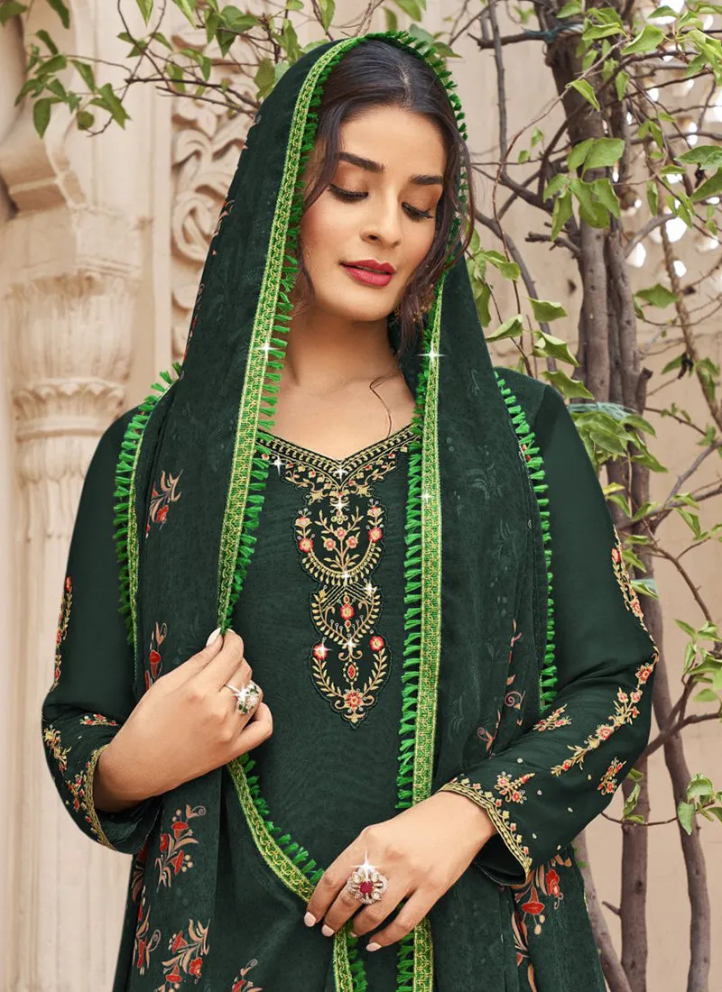 Dark Green Multi Embroidered Traditional Punjabi Style Suit