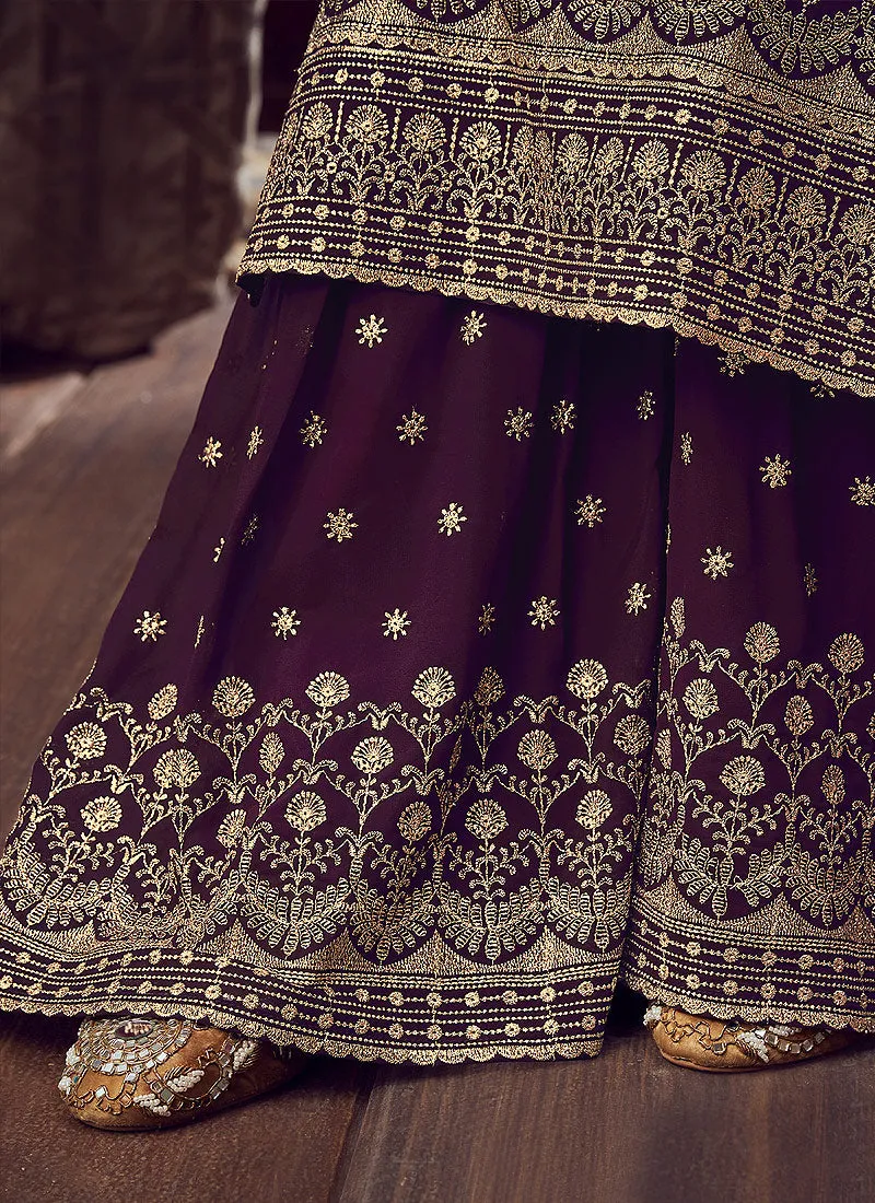 Deep Purple Golden Sharara Suit