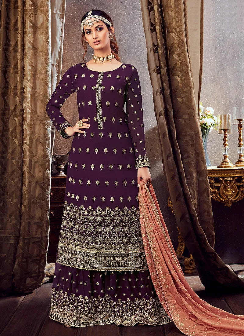 Deep Purple Golden Sharara Suit