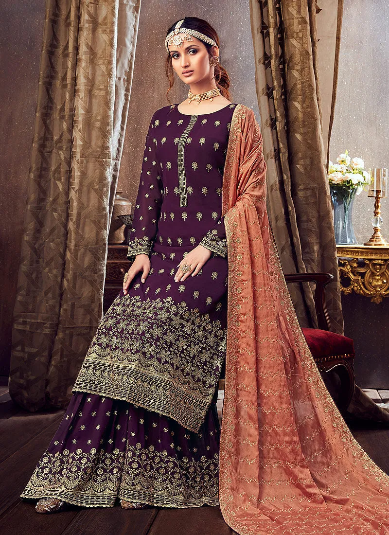 Deep Purple Golden Sharara Suit