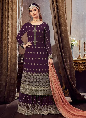 Deep Purple Golden Sharara Suit