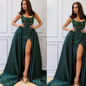 detachable skirt hunter green evening dresses 2020 lace appliqué beaded sleeveless cheap evening gown