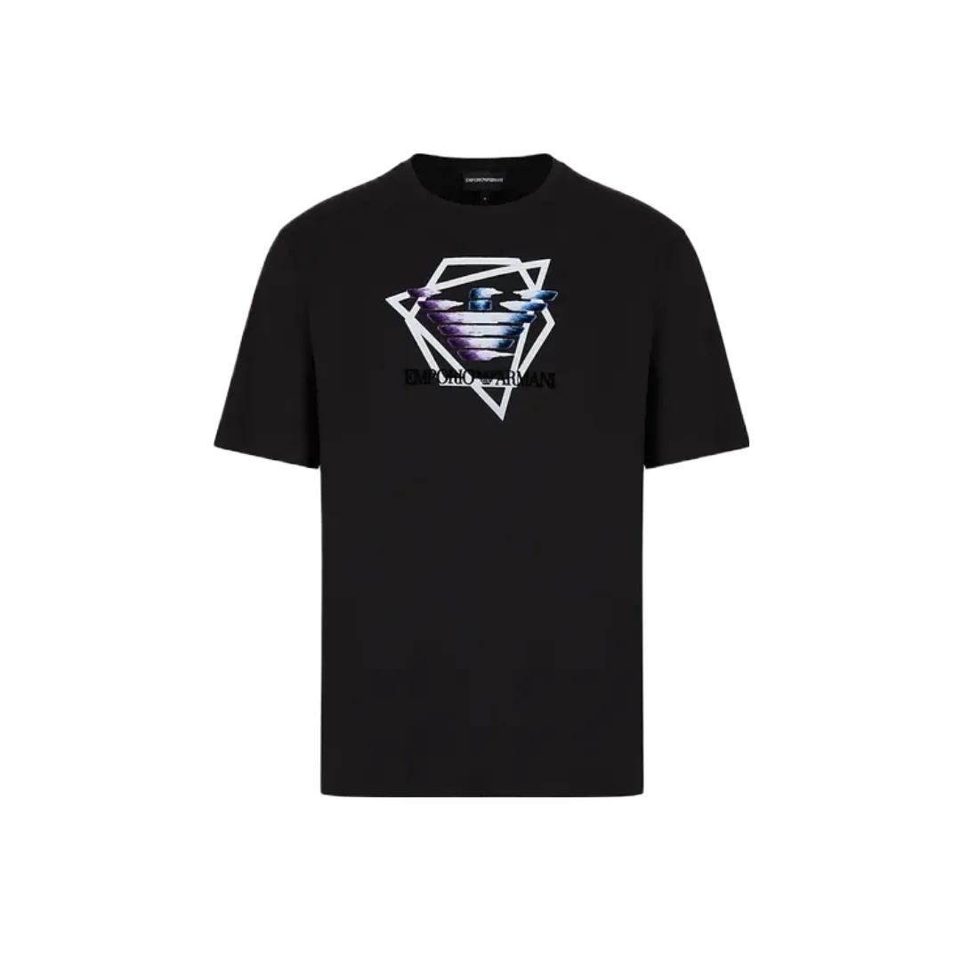 EMPORIO ARMANI LIGHT JERSEY TSHIRT WITH FLOCKED LOGO AND PRINT BLACK