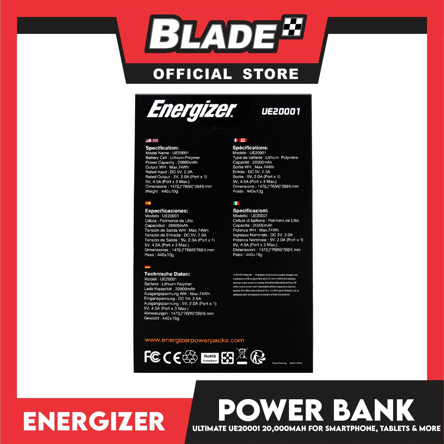 Energizer HighTech Power Bank UE20001 20,000mAh for Smartphones, Tablets & More