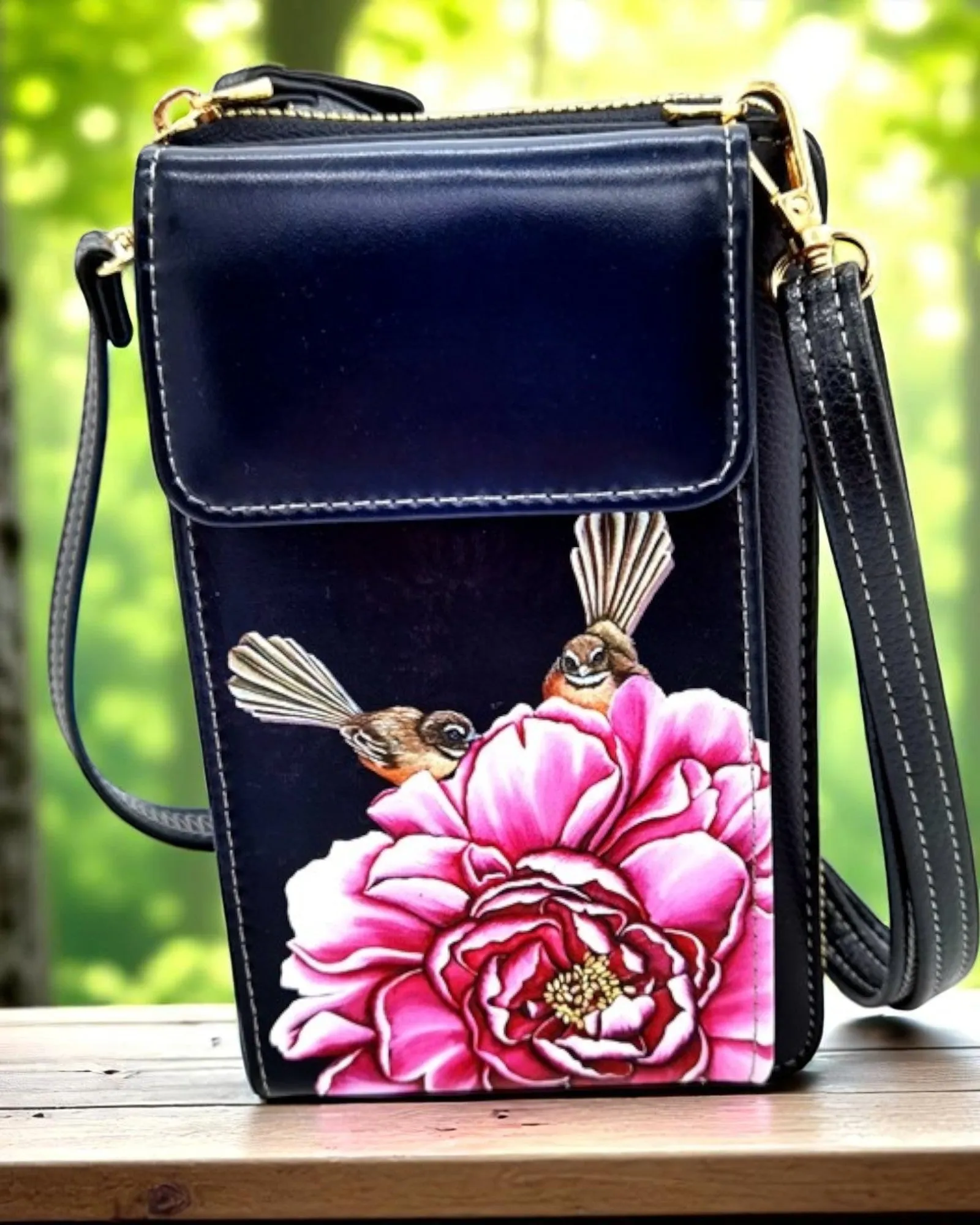 Fantail on Camellia- Cell Phone Bag with flap