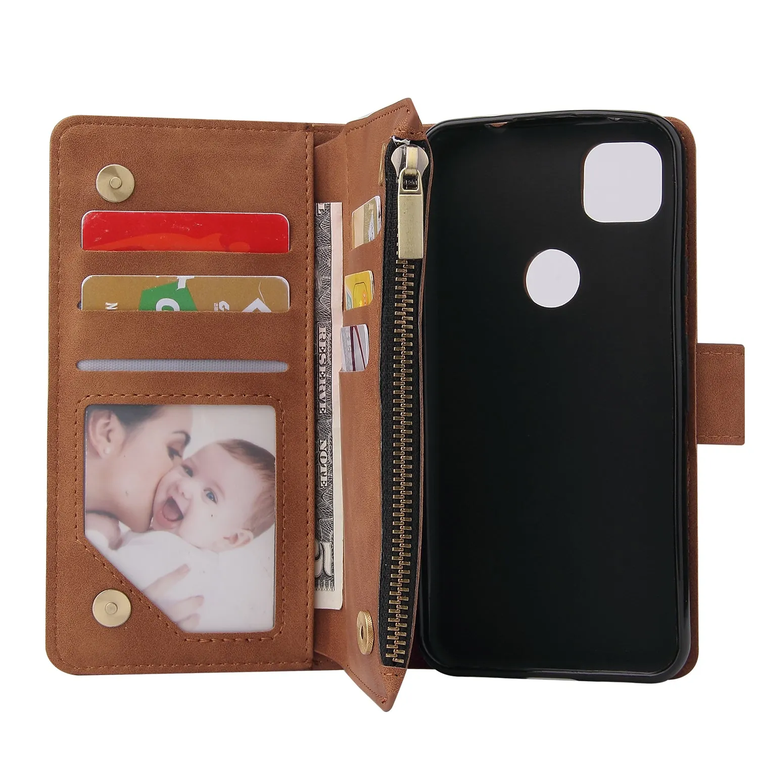 For Google Pixel 4A  Leather Mobile Phone Cover with Cards Slot Zipper Purse Phone Bracket 2 blue