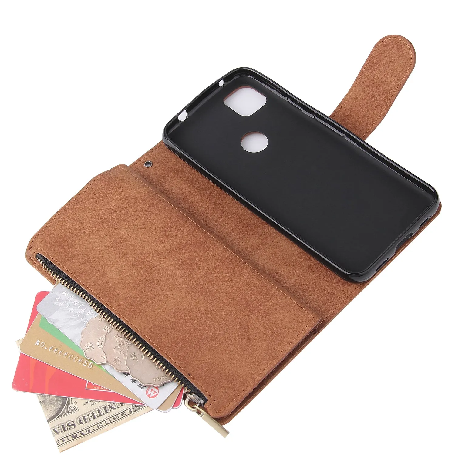 For Google Pixel 4A  Leather Mobile Phone Cover with Cards Slot Zipper Purse Phone Bracket 4 brown