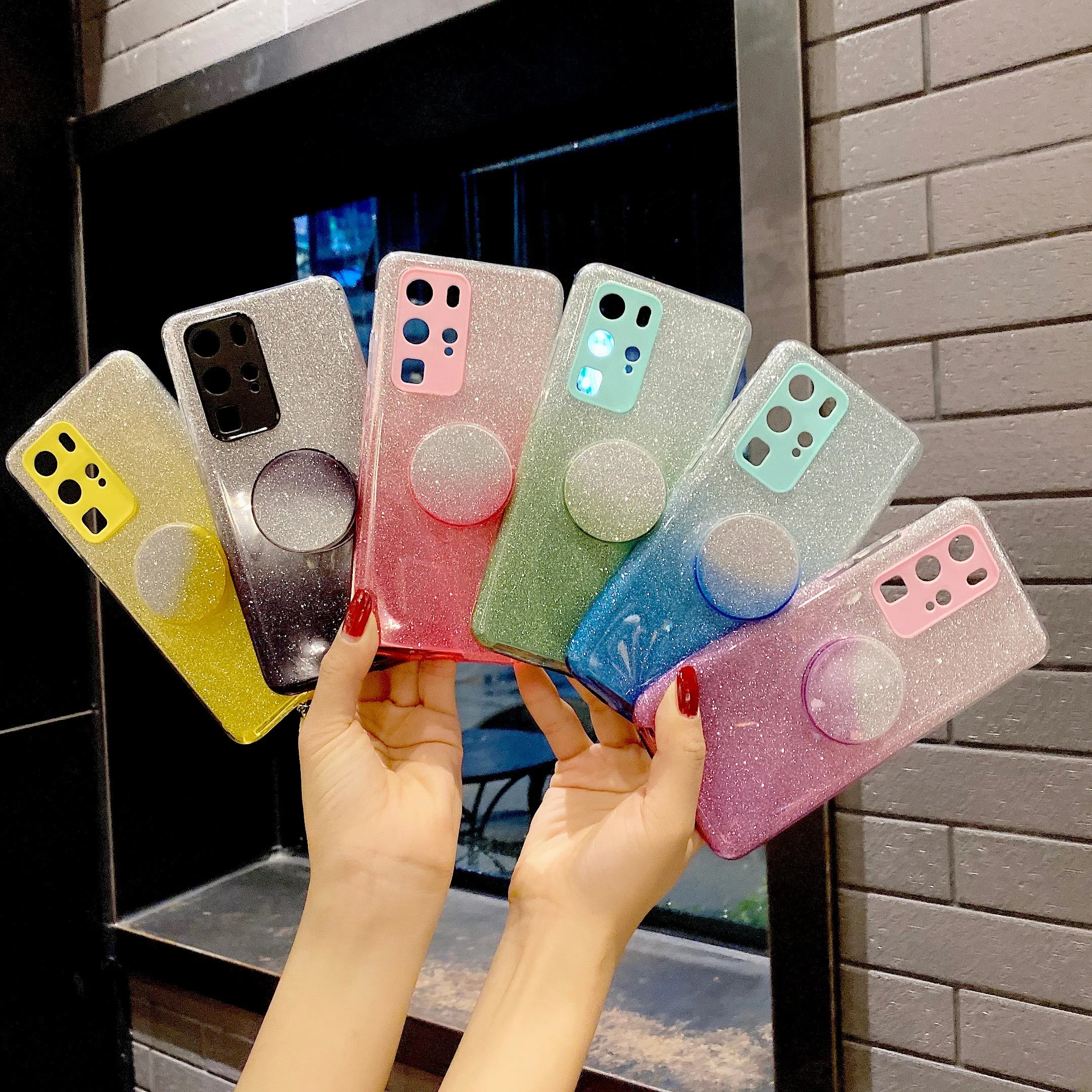 For HUAWEI Mate 30/Nova 5I pro/Mate 30 Pro/PSmart /Y5P/Y6P 2020 Phone Case Gradient Color Glitter Powder Phone Cover with Airbag Bracket black
