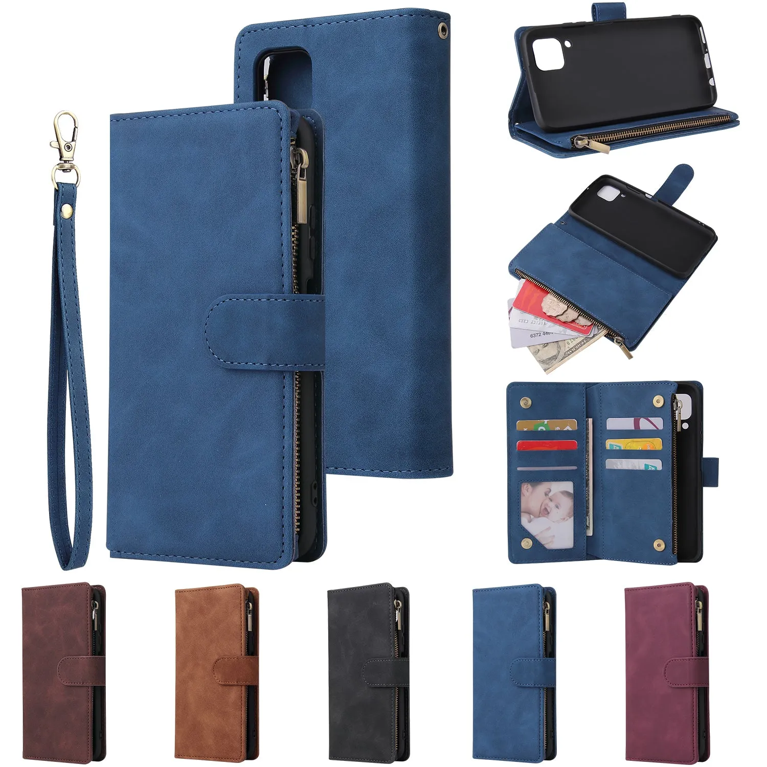 For HUAWEI P40 Lite Leather Mobile Phone Cover with Zipper Purse Cards Slot Phone Bracket 4 brown