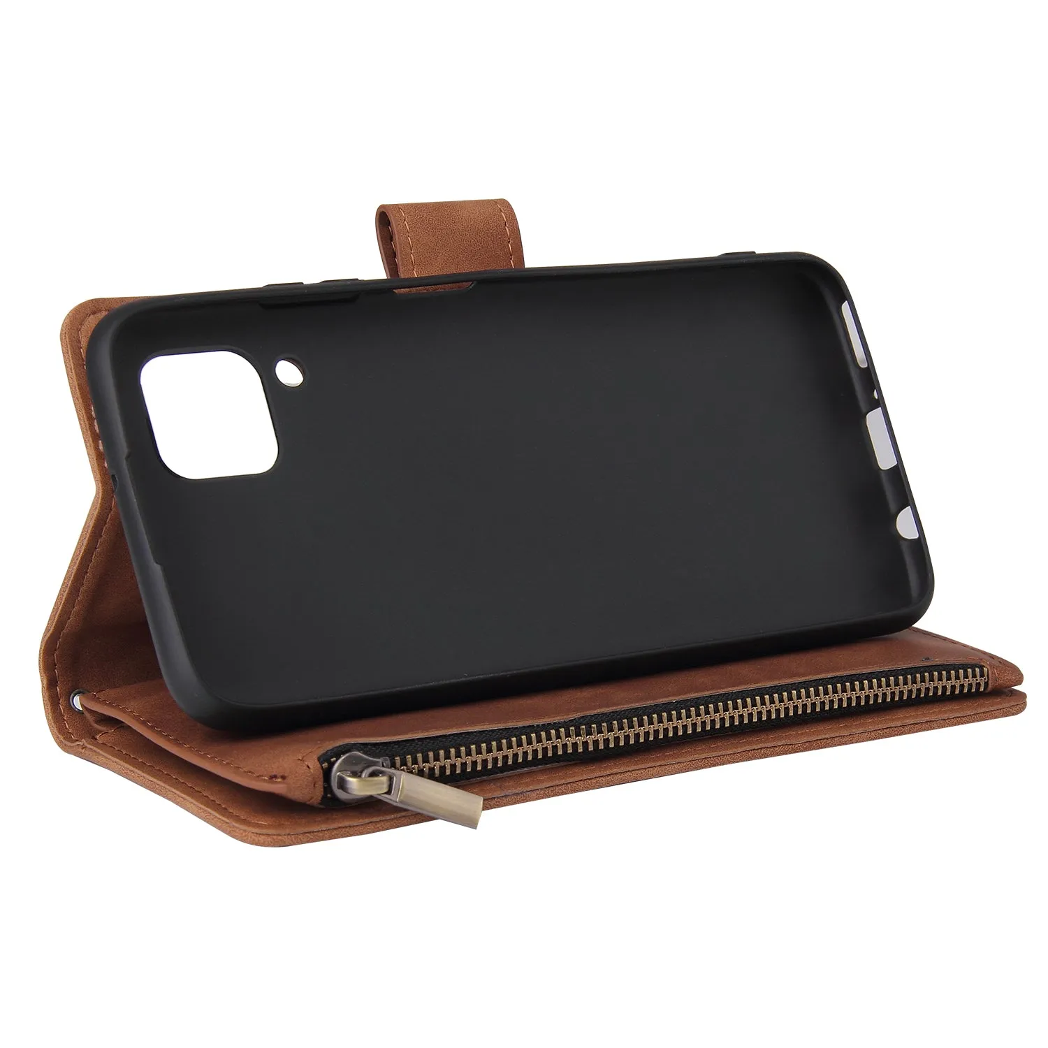 For HUAWEI P40 Lite Leather Mobile Phone Cover with Zipper Purse Cards Slot Phone Bracket 4 brown