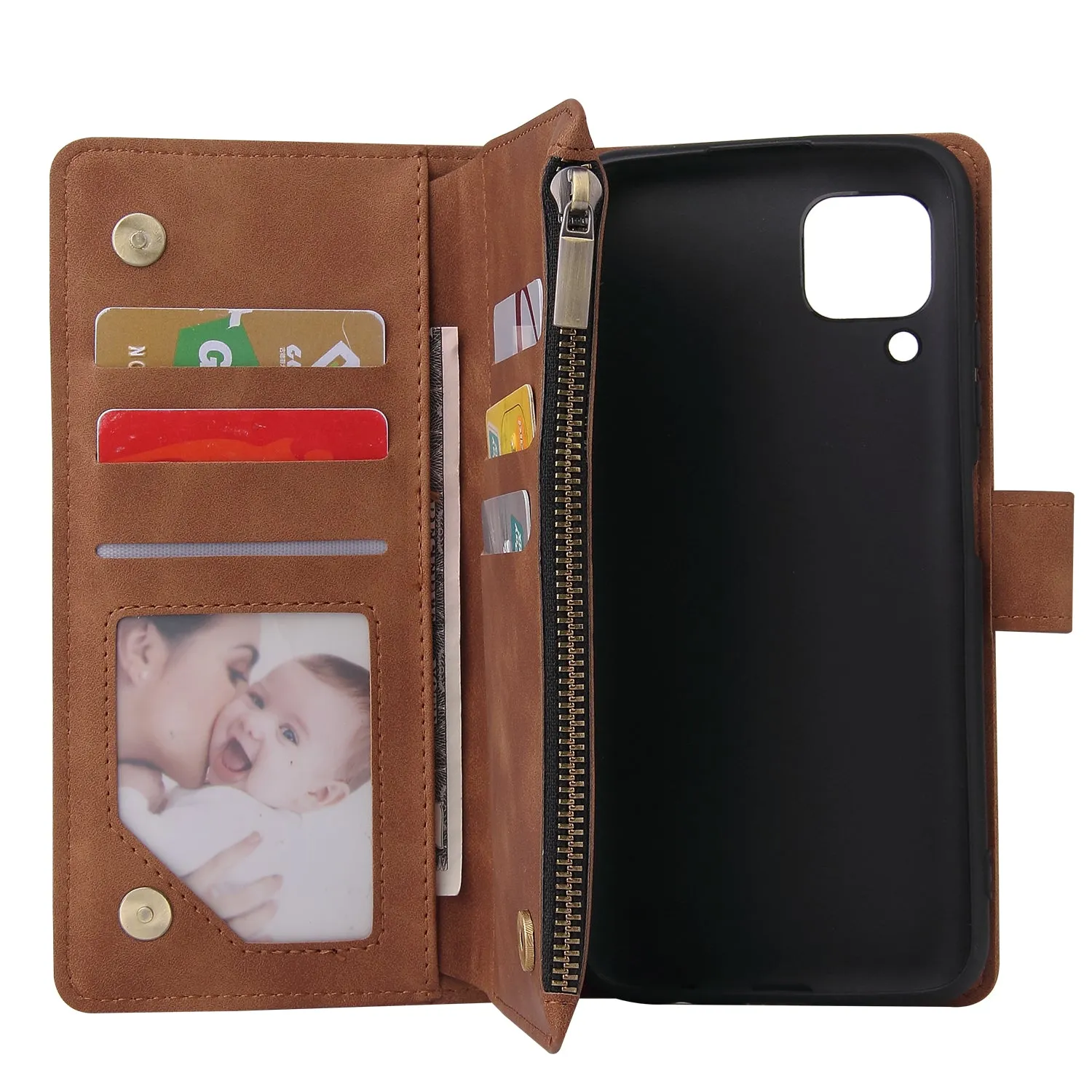 For HUAWEI P40 Lite Leather Mobile Phone Cover with Zipper Purse Cards Slot Phone Bracket 4 brown