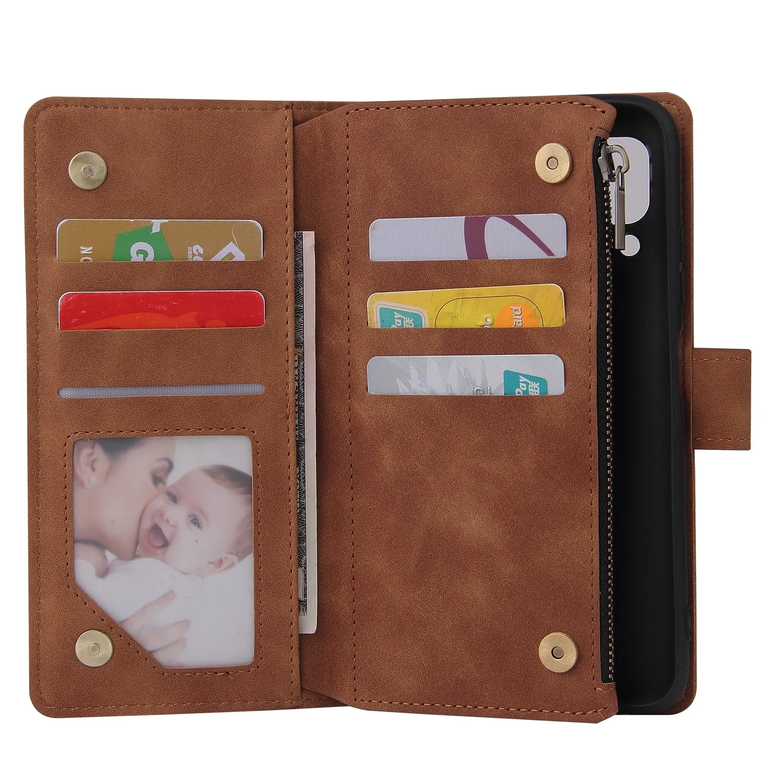 For HUAWEI P40 Lite Leather Mobile Phone Cover with Zipper Purse Cards Slot Phone Bracket 4 brown