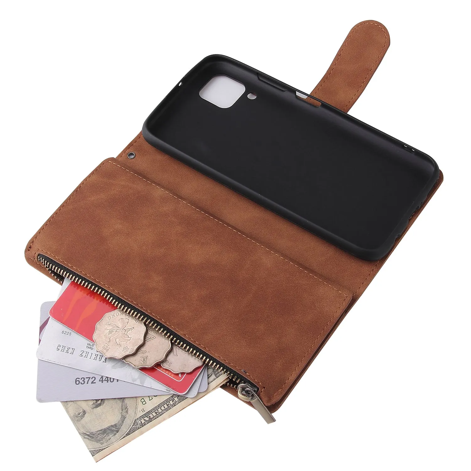 For HUAWEI P40 Lite Leather Mobile Phone Cover with Zipper Purse Cards Slot Phone Bracket 4 brown