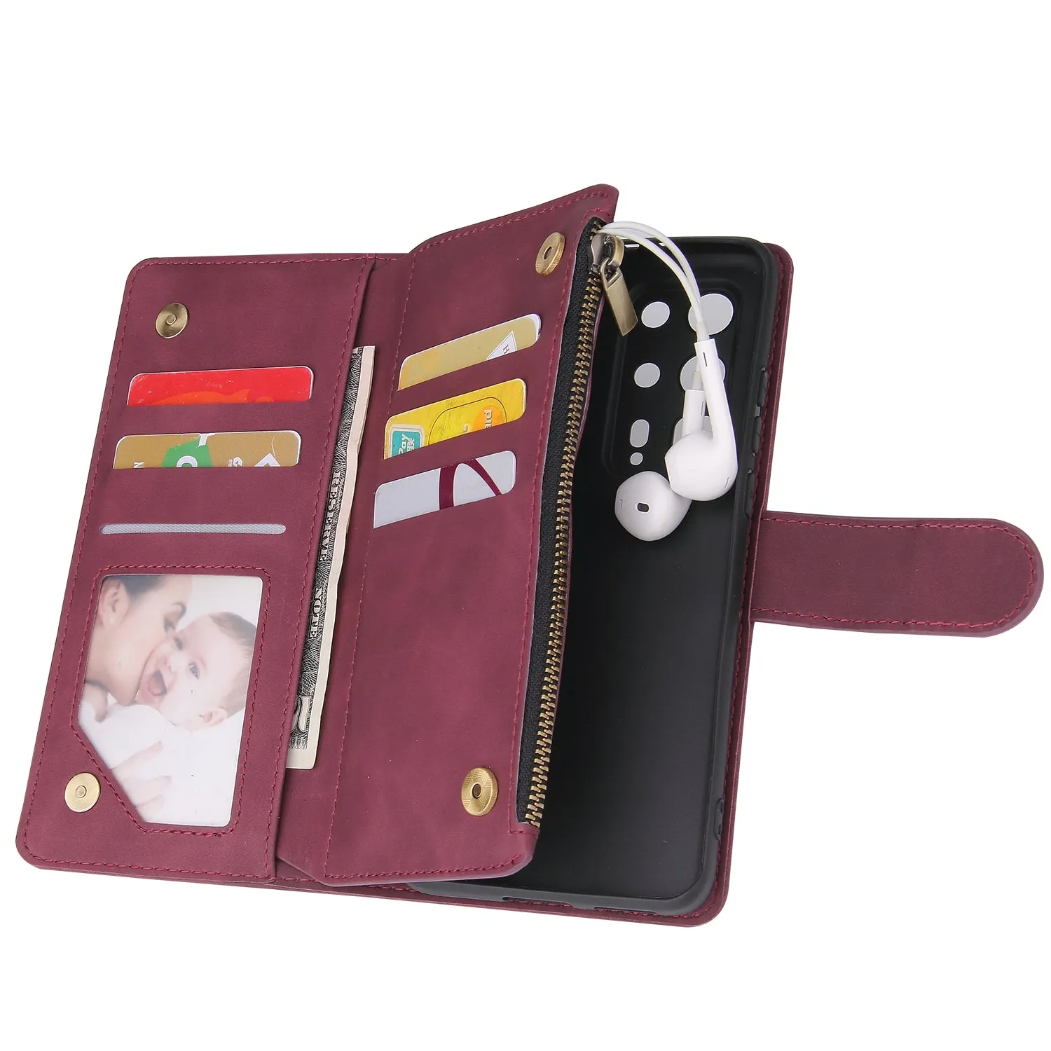 For HUAWEI P40 pro plus Zipper Purse Leather Mobile Phone Cover with Cards Slot Phone Bracket 4 brown