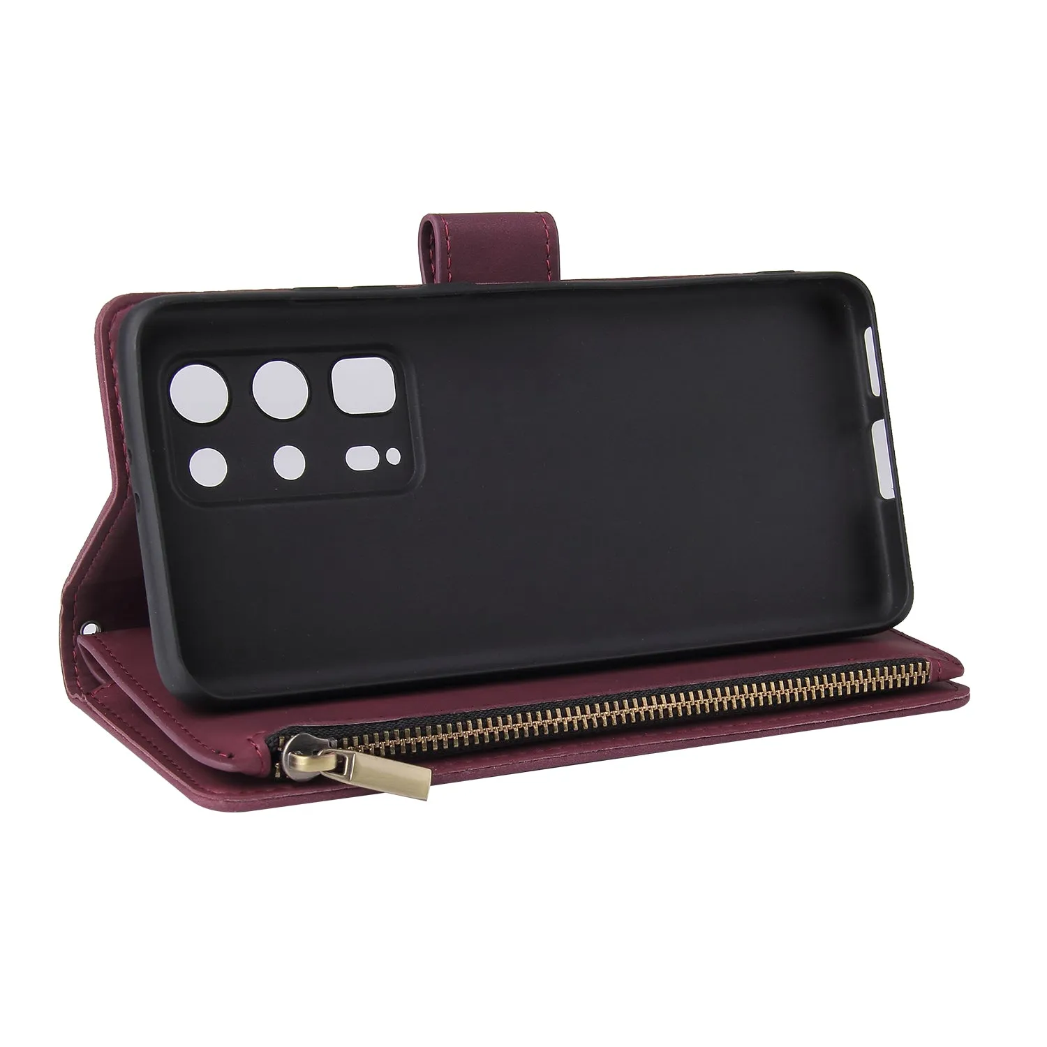 For HUAWEI P40 pro plus Zipper Purse Leather Mobile Phone Cover with Cards Slot Phone Bracket 4 brown