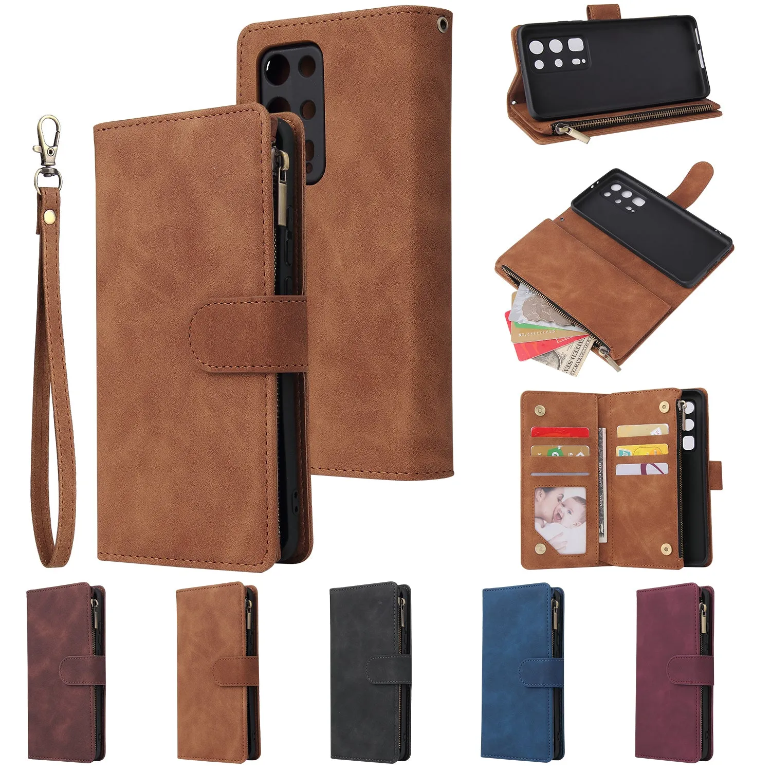 For HUAWEI P40 pro plus Zipper Purse Leather Mobile Phone Cover with Cards Slot Phone Bracket 4 brown