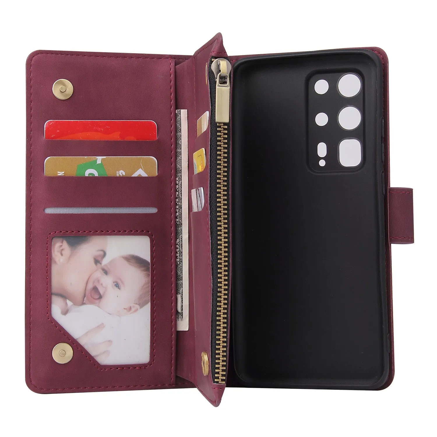 For HUAWEI P40 pro plus Zipper Purse Leather Mobile Phone Cover with Cards Slot Phone Bracket 4 brown