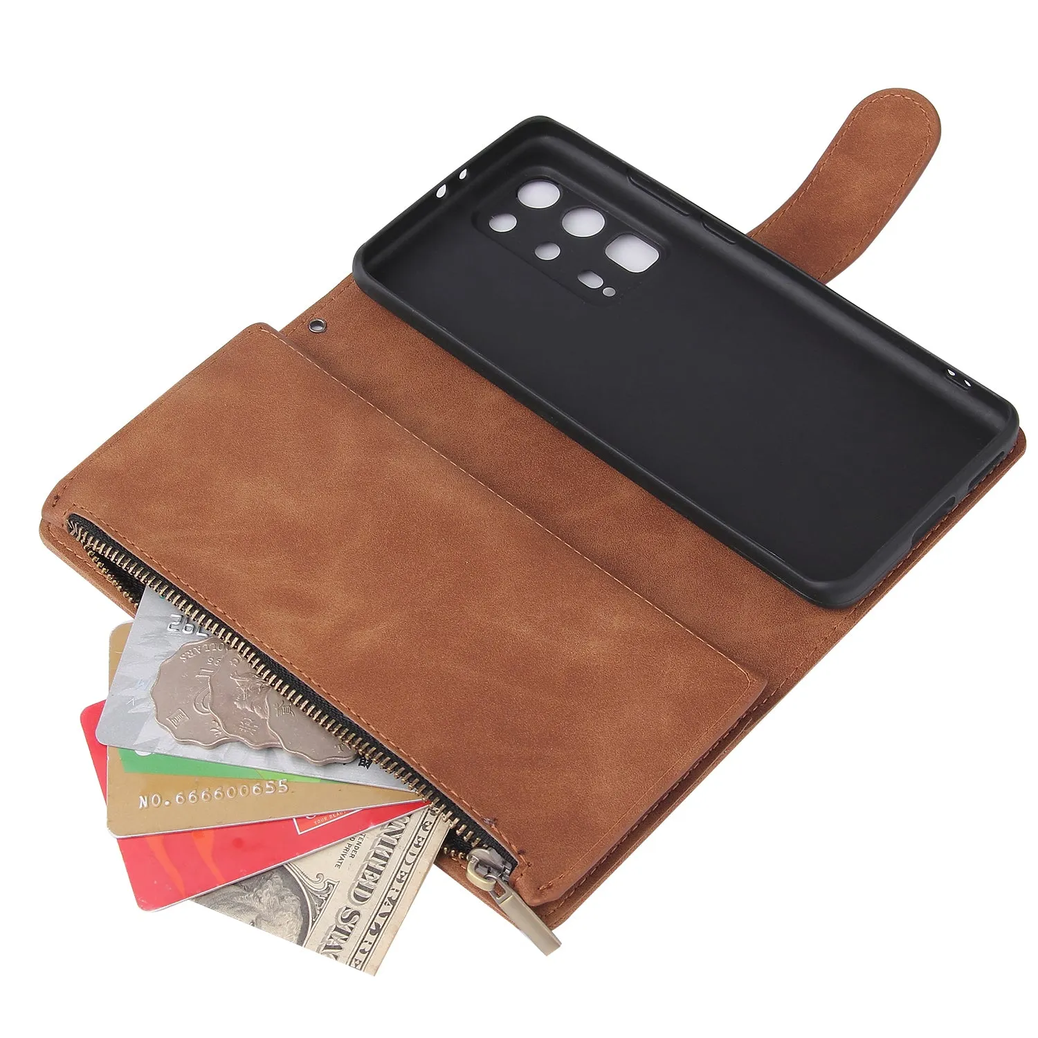 For HUAWEI P40 pro plus Zipper Purse Leather Mobile Phone Cover with Cards Slot Phone Bracket 4 brown