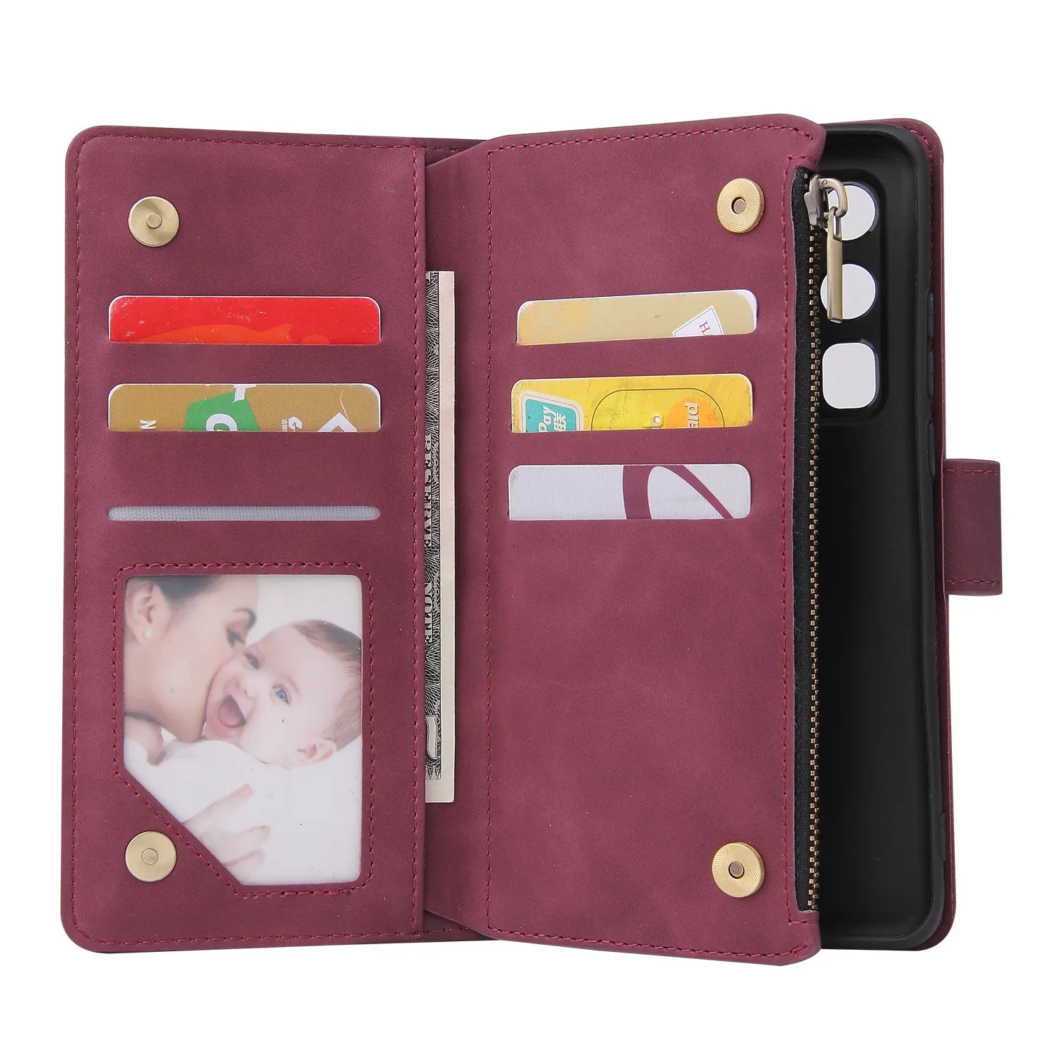 For HUAWEI P40 pro plus Zipper Purse Leather Mobile Phone Cover with Cards Slot Phone Bracket 5 wine red