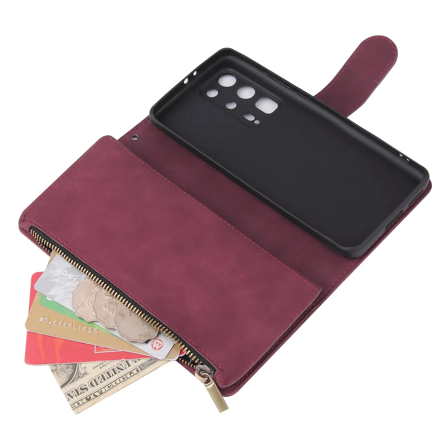 For HUAWEI P40 pro plus Zipper Purse Leather Mobile Phone Cover with Cards Slot Phone Bracket 5 wine red