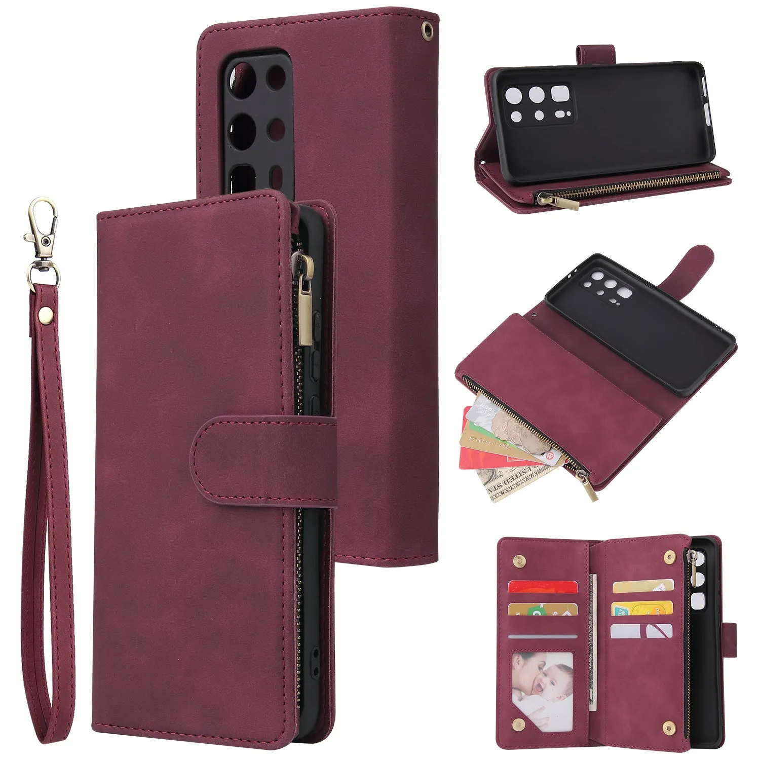 For HUAWEI P40 pro plus Zipper Purse Leather Mobile Phone Cover with Cards Slot Phone Bracket 5 wine red