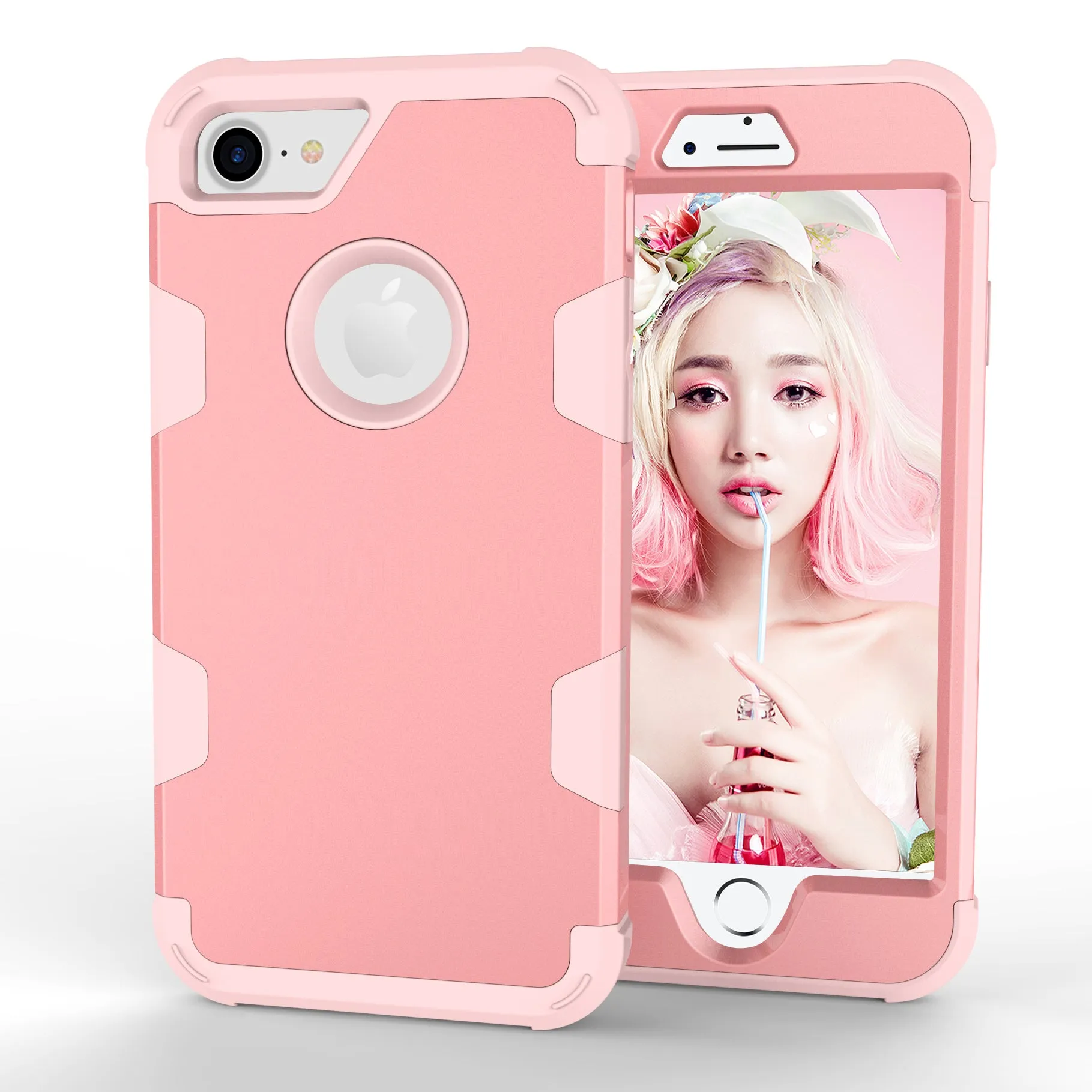 For iPhone 7 PC  Silicone 2 in 1 Hit Color Tri-proof Shockproof Dustproof Anti-fall Protective Cover Back Case Rose gold