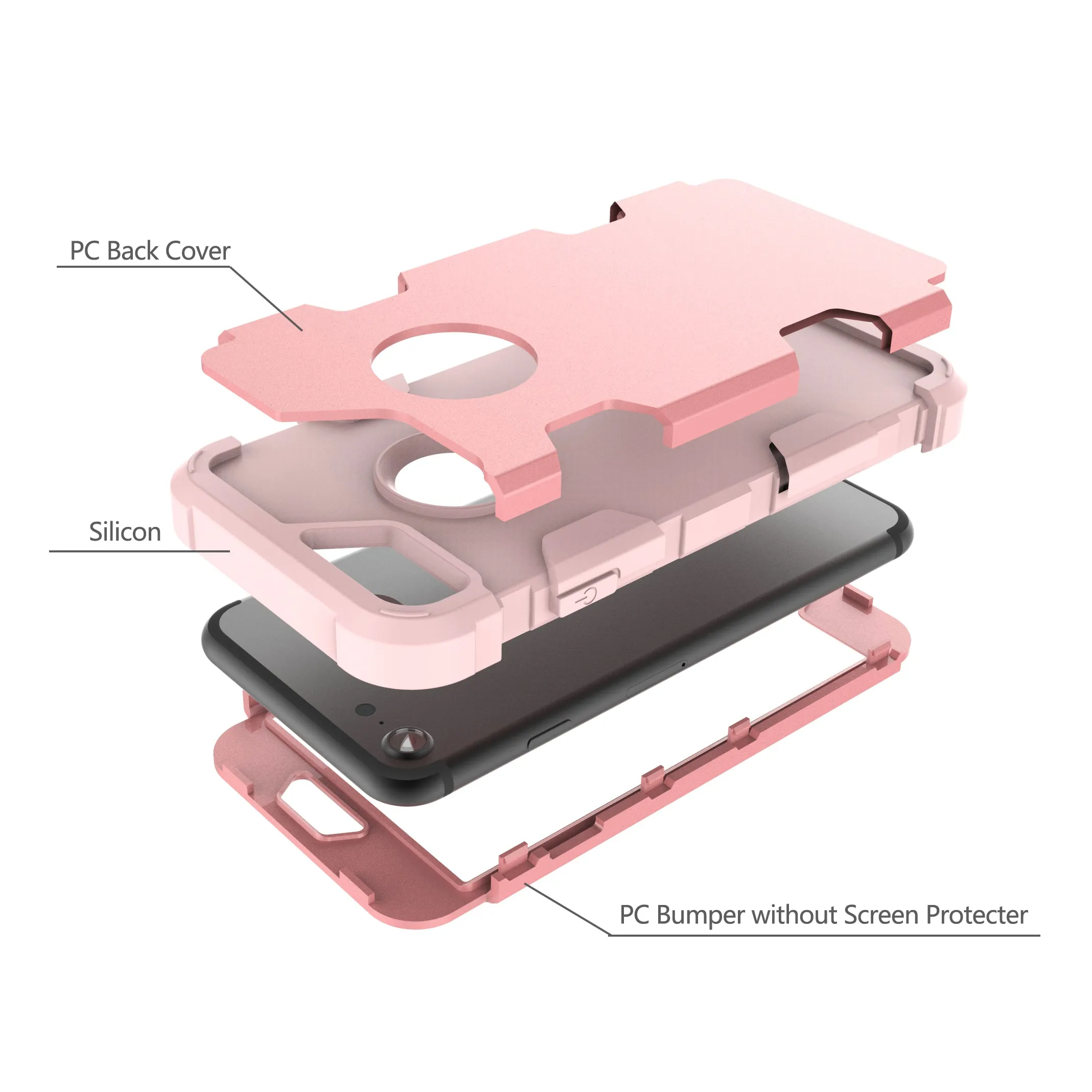 For iPhone 7 PC  Silicone 2 in 1 Hit Color Tri-proof Shockproof Dustproof Anti-fall Protective Cover Back Case Rose gold