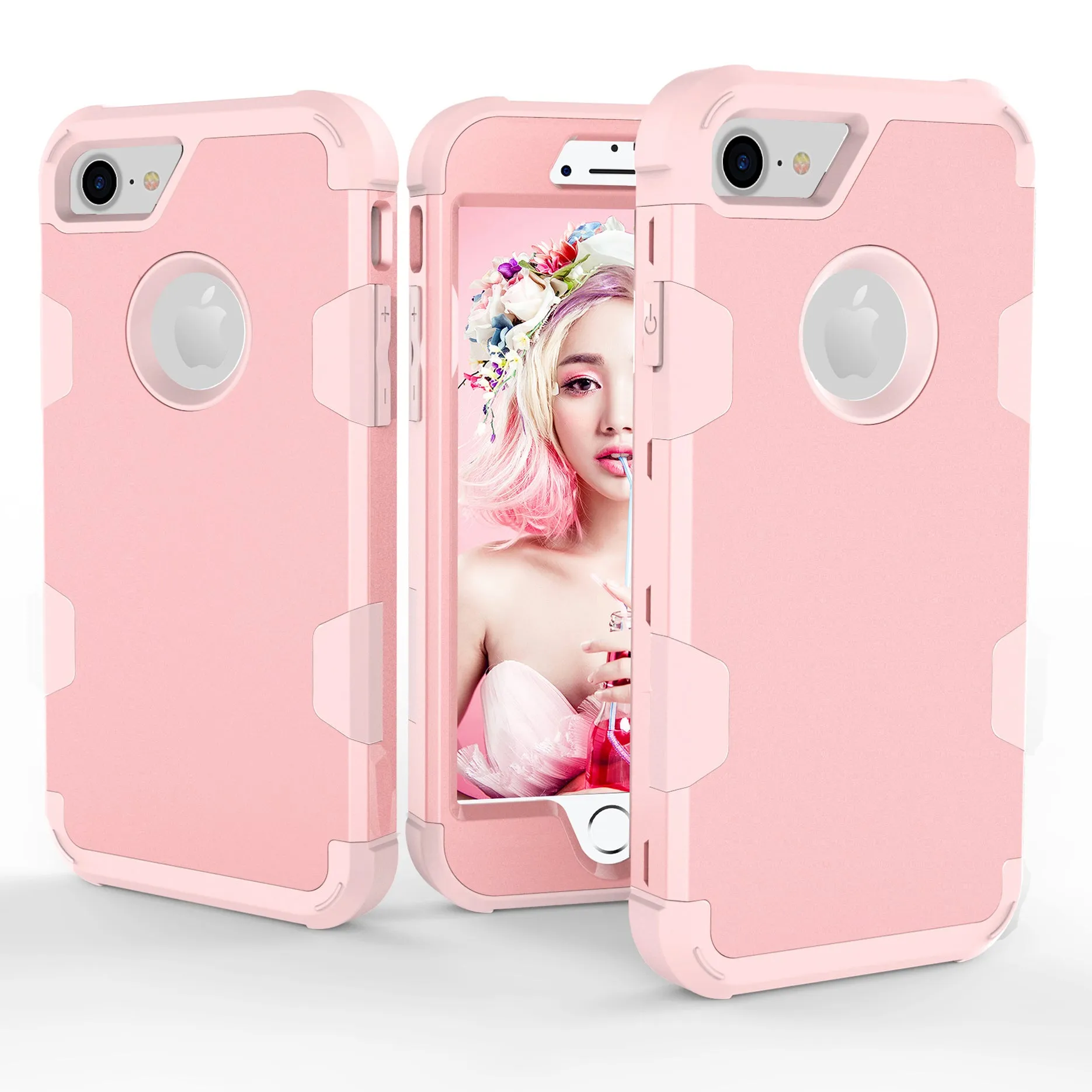 For iPhone 7 PC  Silicone 2 in 1 Hit Color Tri-proof Shockproof Dustproof Anti-fall Protective Cover Back Case Rose gold