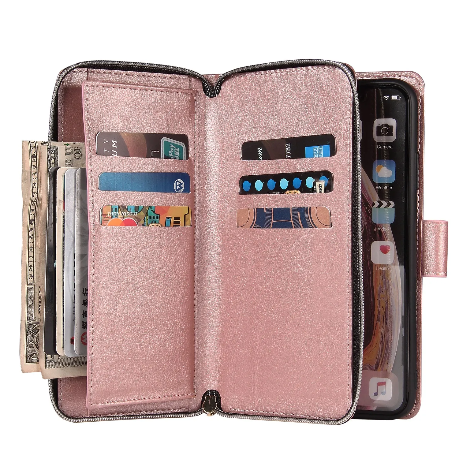 For iphone X/XS/XS MAX/11/11Pro Pu Leather  Mobile Phone Cover Zipper Card Bag   Wrist Strap Rose gold