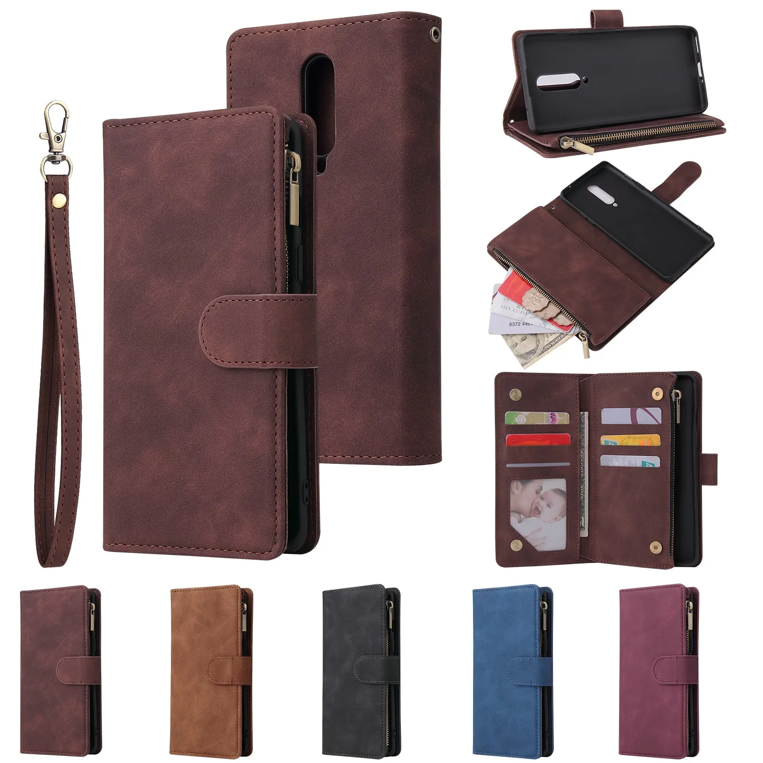 For One plus 8 Zipper Purse Leather Mobile Phone Cover with Cards Slot Phone Bracket 1 black