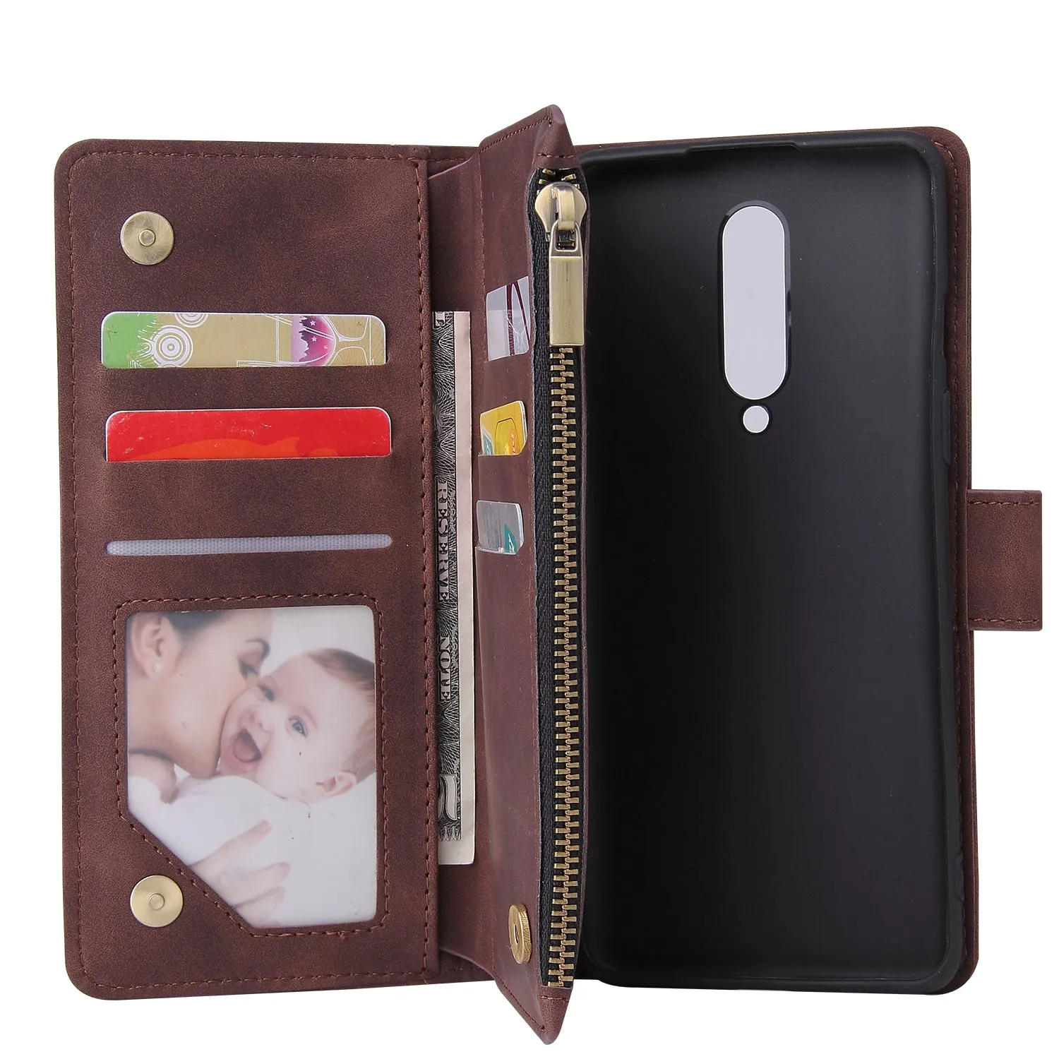 For One plus 8 Zipper Purse Leather Mobile Phone Cover with Cards Slot Phone Bracket 1 black