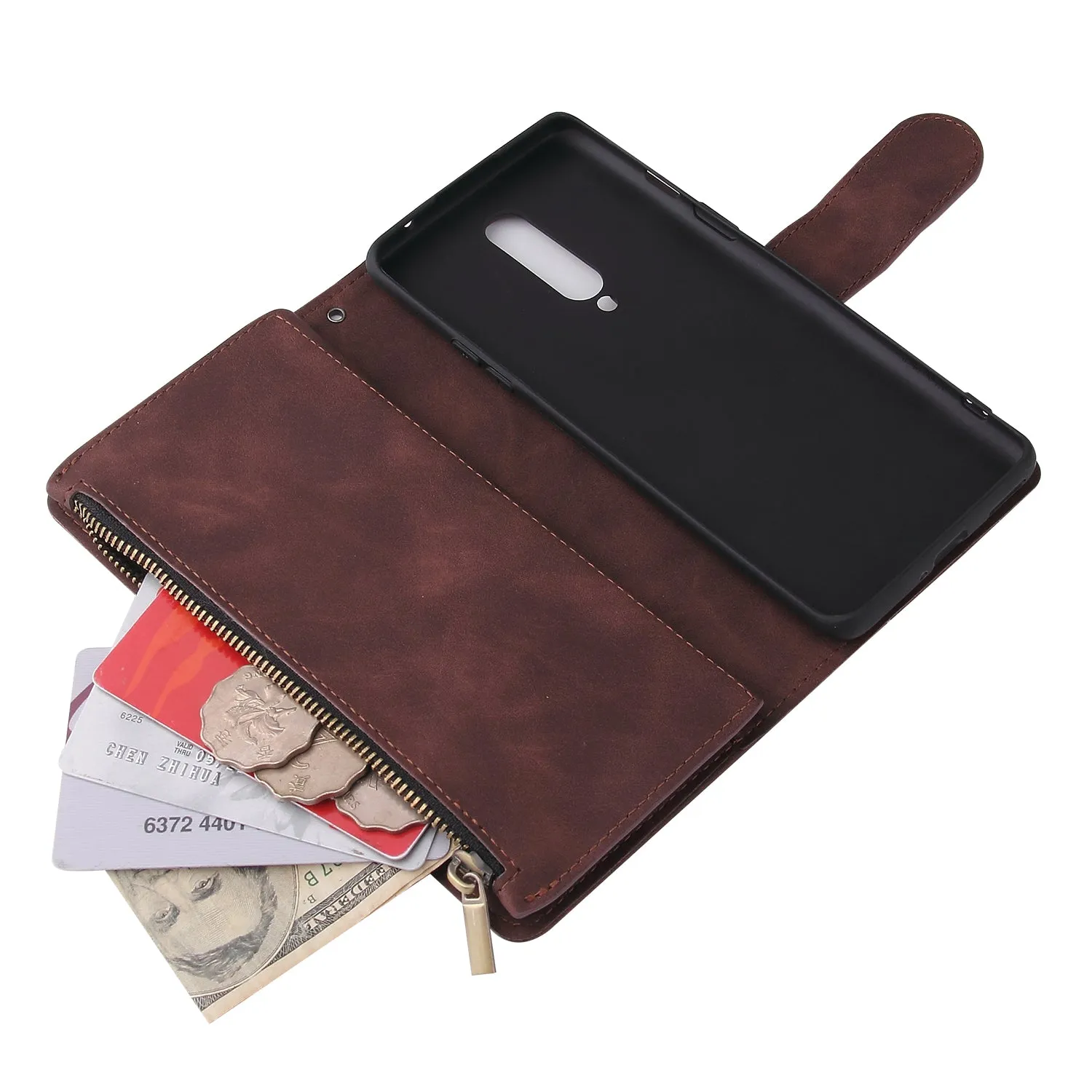For One plus 8 Zipper Purse Leather Mobile Phone Cover with Cards Slot Phone Bracket 1 black