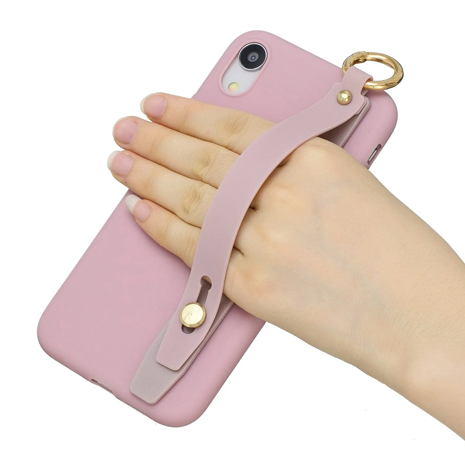 For Redmi 6A Simple Solid Color Chic Wrist Rope Bracket Matte TPU Anti-scratch Non-slip Protective Cover Back Case 11 Lotus pink