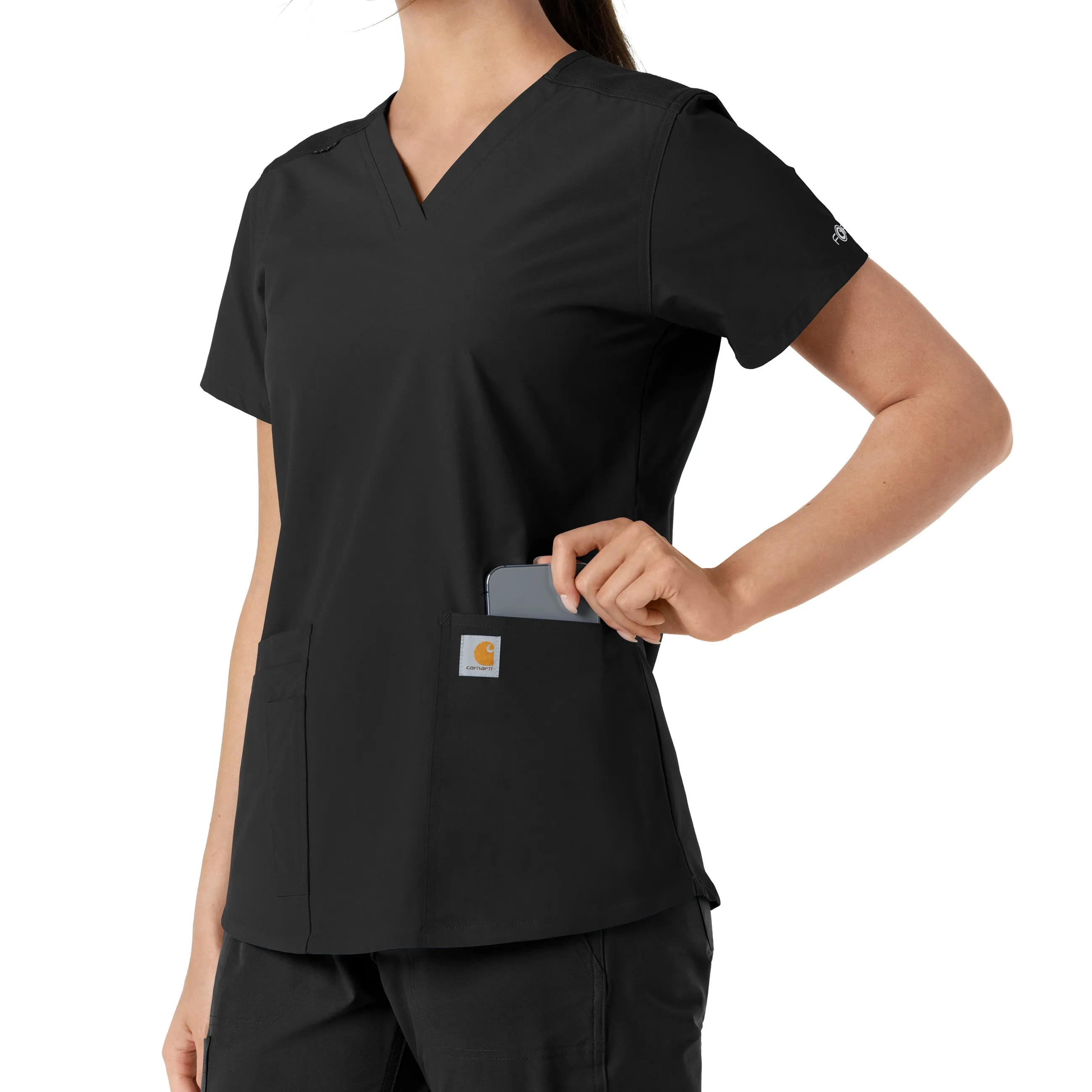 Force Essentials C12313 V-Neck Knit Panel Scrub Top Black